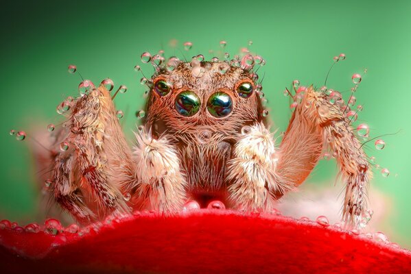 Araña en gotas de rocío en una flor roja