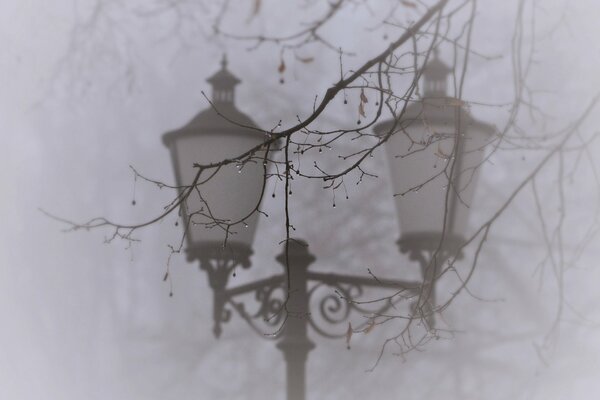 An ancient city lantern in the fog