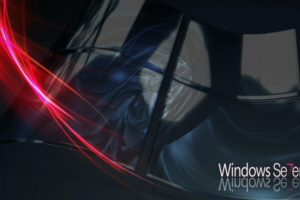 Abstract 3d painting with red flashes on a dark background with the inscription windows 7