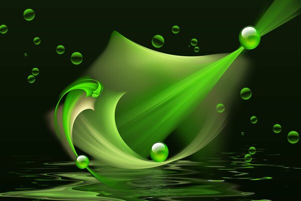 Sur un fond sombre, des bulles vertes et des boules avec des éclats verts et des courbes