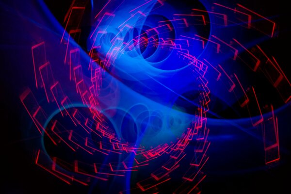Спираль из красных световых прамоугольников на синем фоне