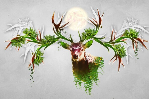 A magical deer with green horns