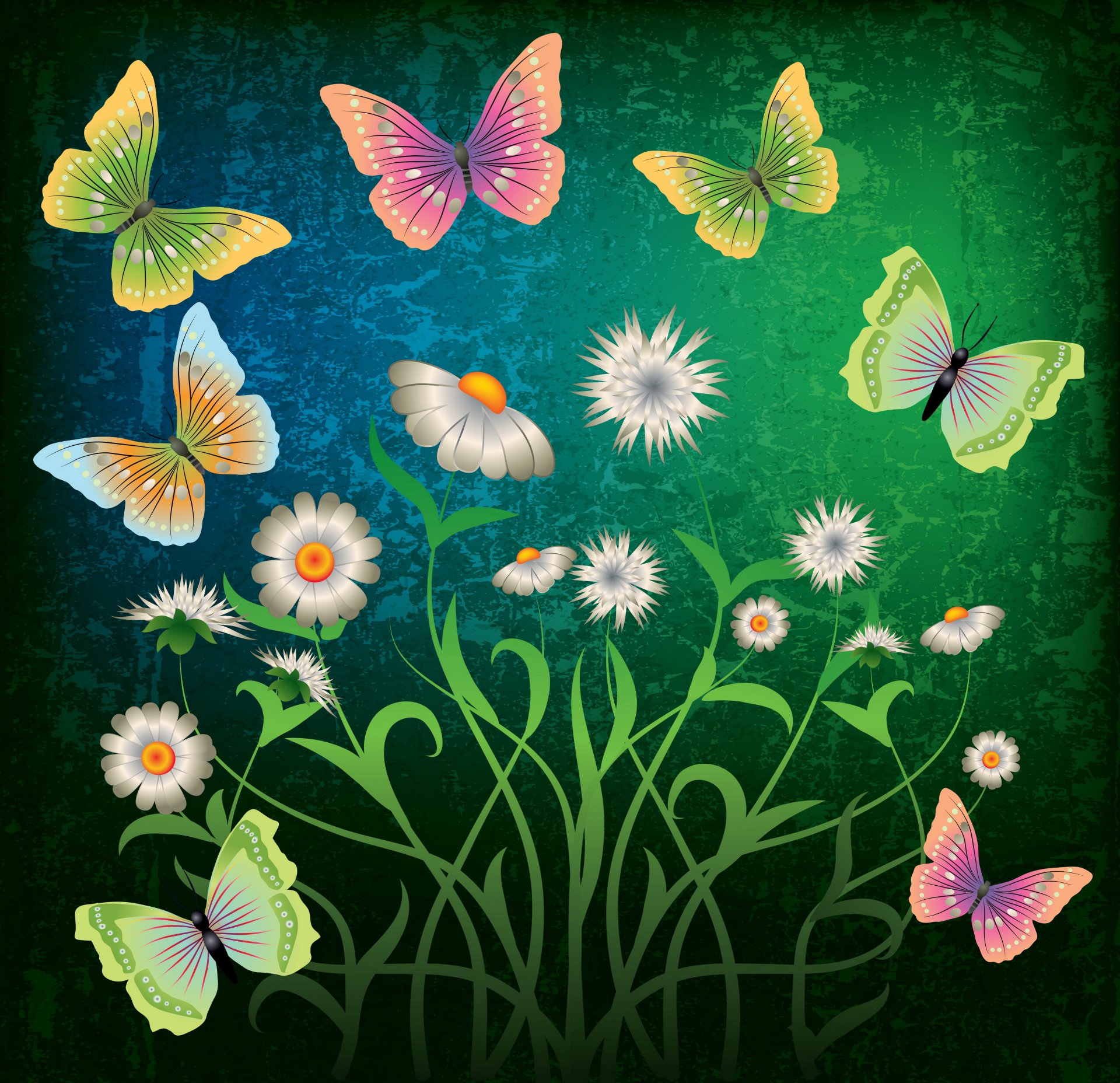 abstract grunge butterflies flowers design green butterflie