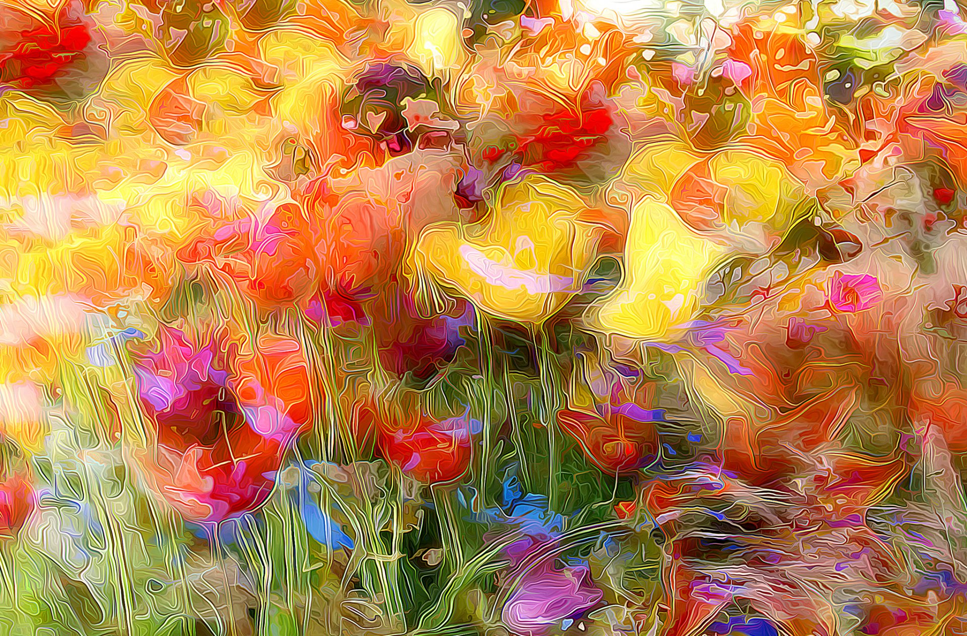 campo prado naturaleza flores amapola tulipán renderizado