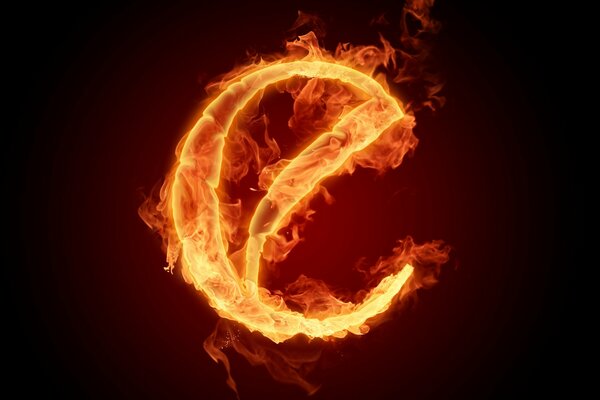 A fiery letter e on a dark background