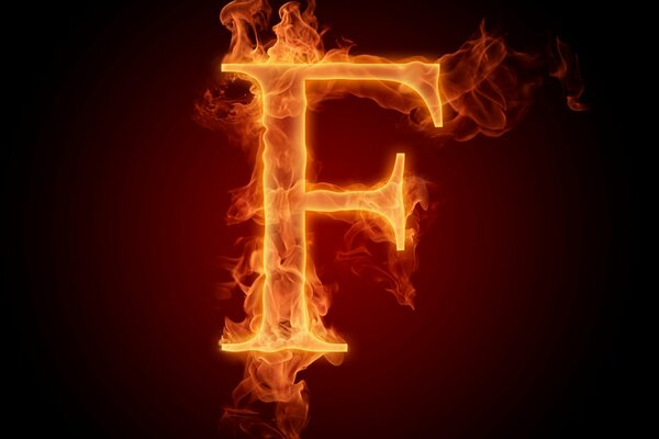 The letter F burning on a dark background