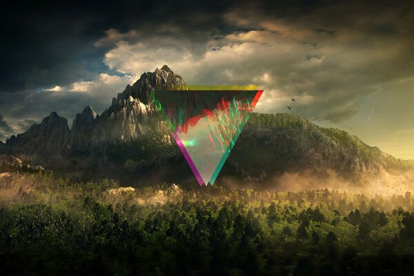 A mirror-reflecting triangle against the background of mountains and forests