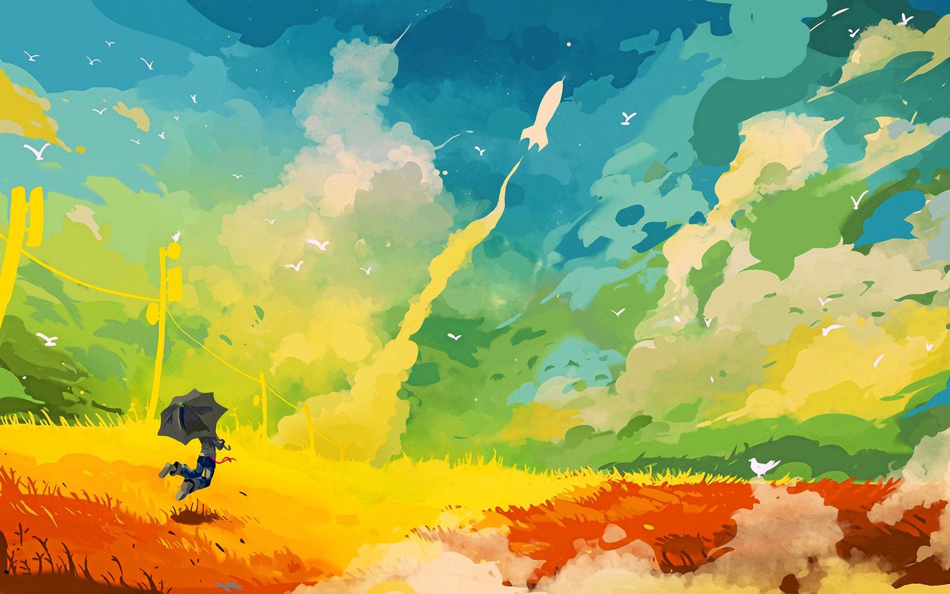 abbildung regenschirm rakete vogel himmel wolken sprung freude laufen gras feld freude