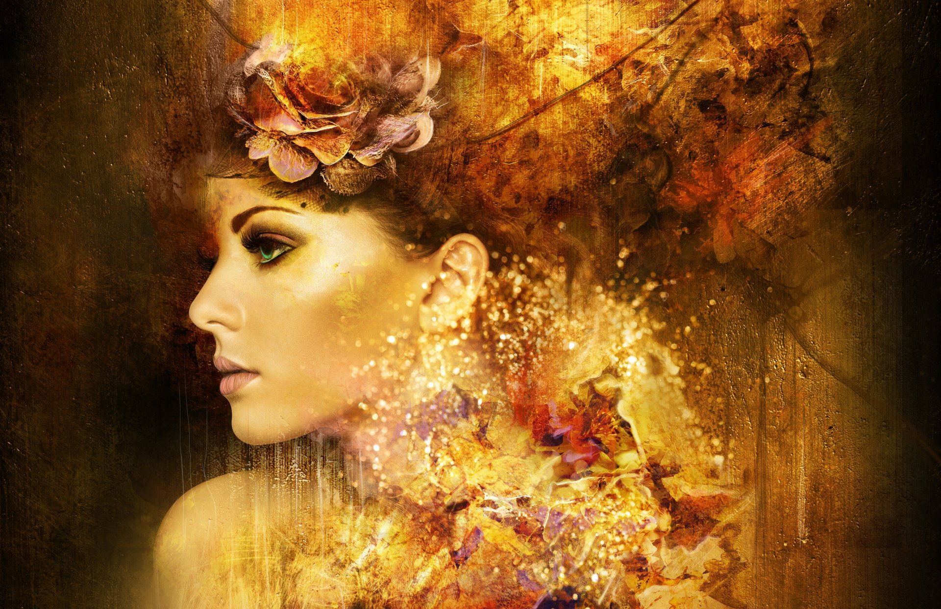girl art abstract section green eyes face flower
