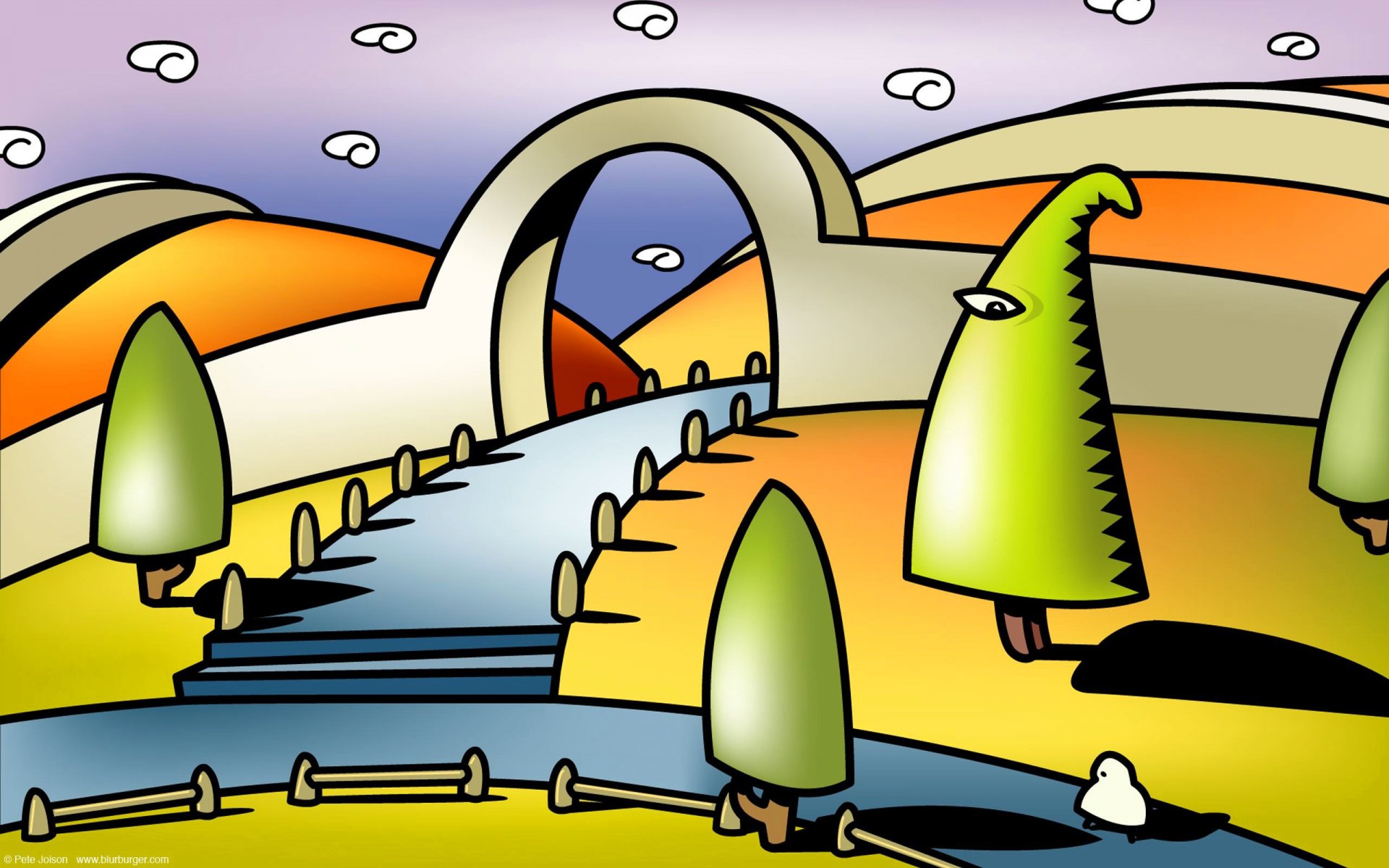 himmel wolken landschaft bogen bäume hügel gehweg