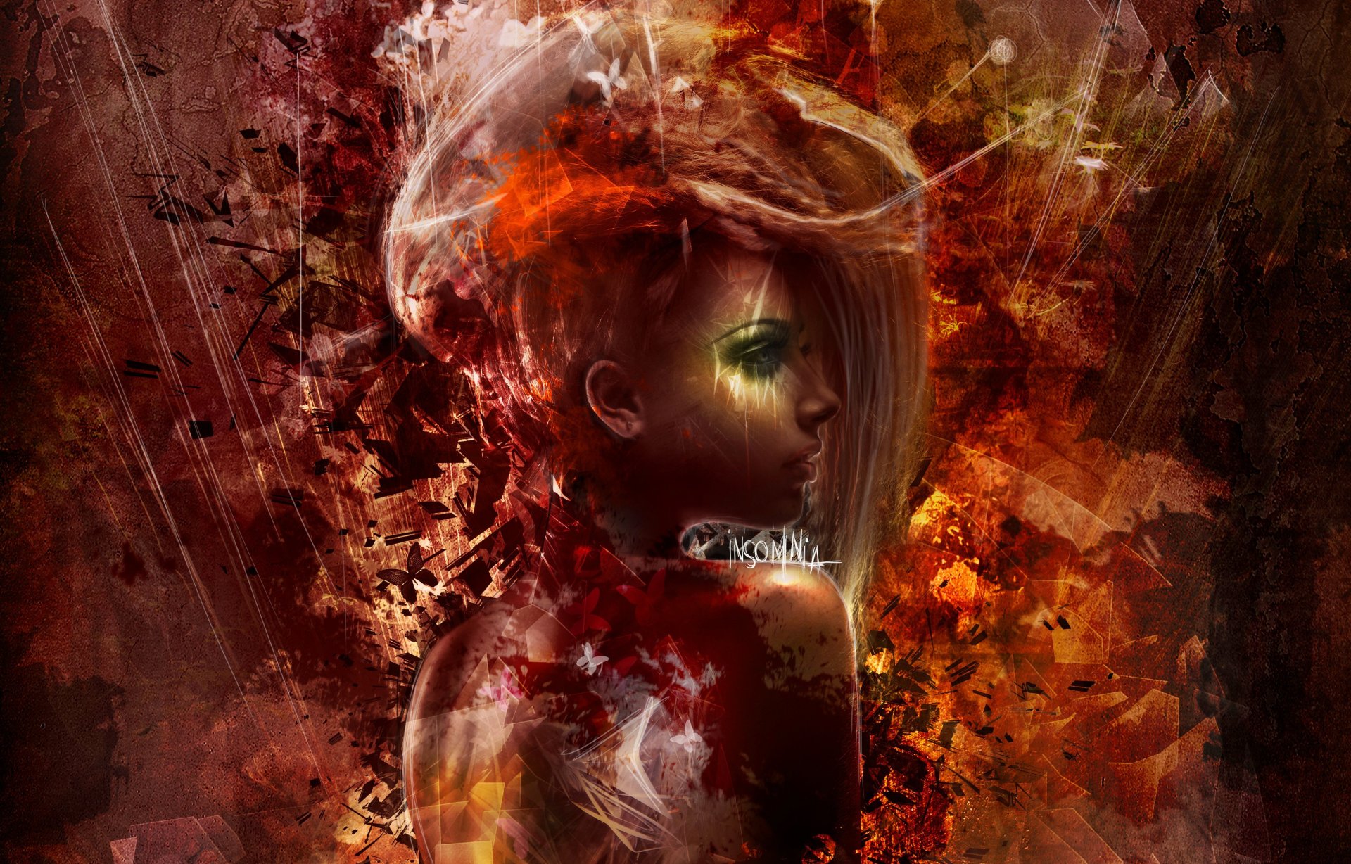 art fille profil vue cheveux dos abstraction