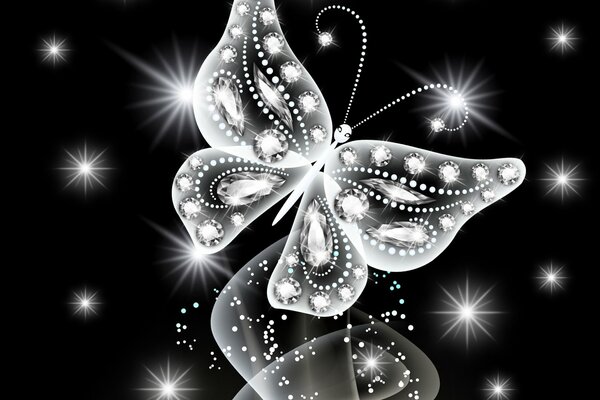 Sobre un fondo negro mariposa blanca y lentejuelas