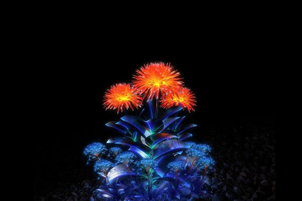 Arbusto de flores en la oscuridad con pétalos brillantes