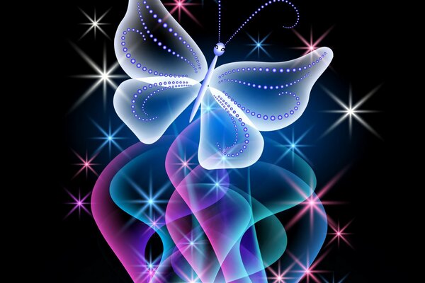 Shining transparent butterfly in neon light on a black background