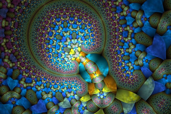 Numerous patterns of blue, yellow and gray colors in the form of circles