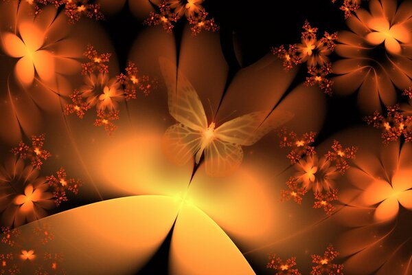 Farfalle e fiori gialli arancioni astratti