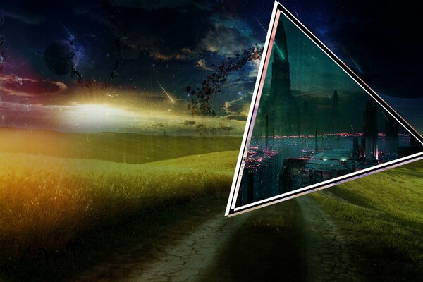 Image of a cyber city with a triangular portal
