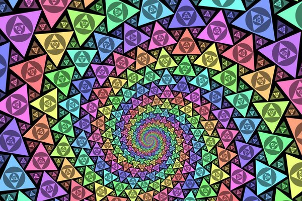 A spiral made up of multicolored triangles