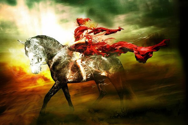 Cavalier en robe rouge sur un cheval