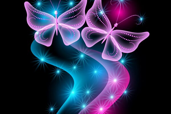 Blaue und rosa Schmetterlinge funkeln mit Neon