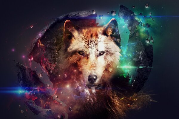 Beautiful collage with a wolf on a cosmic background