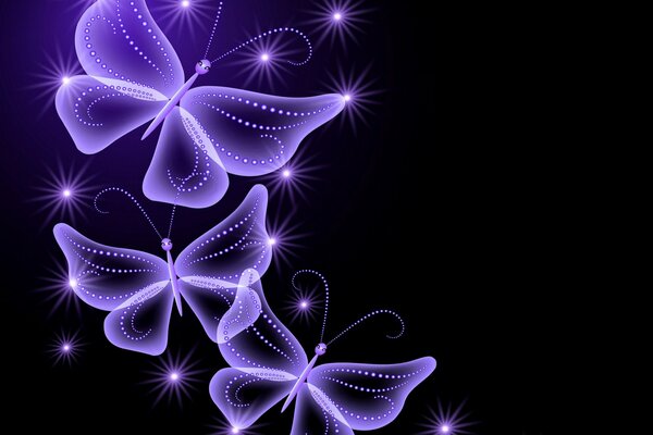 Abstract neon glowing purple butterflies on a black background