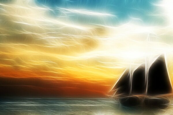 Voilier dans la mer au coucher du soleil