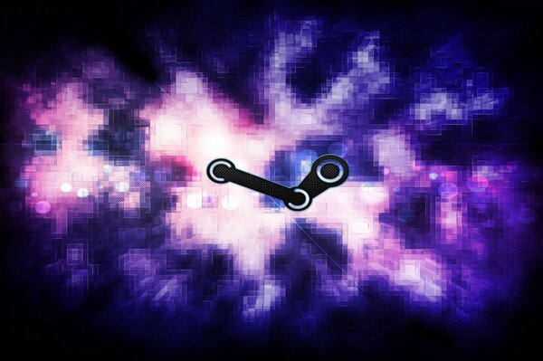 Das Steam-Logo auf dem Hintergrund eines pixeligen lila Dampfes