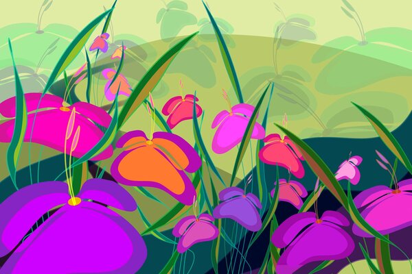 A drawing depicting a meadow with flowers