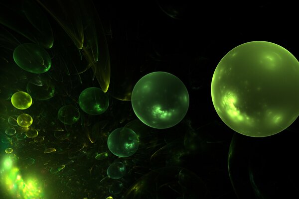 Green soap bubbles on a black background