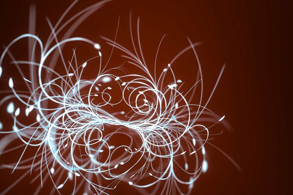 Abstract floral white circular lines similar to branches with buds on a dark red background