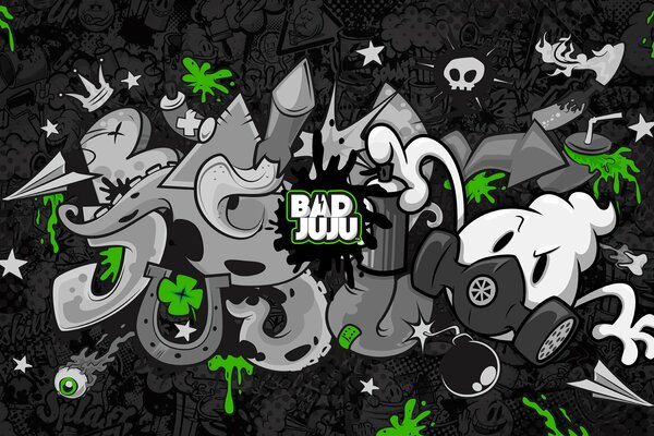 Street art is made in black and white with bright green blots throughout the drawing
