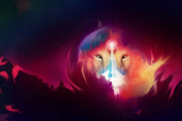 Arte que representa el hocico brillante de un León contra el fondo de las montañas rojas