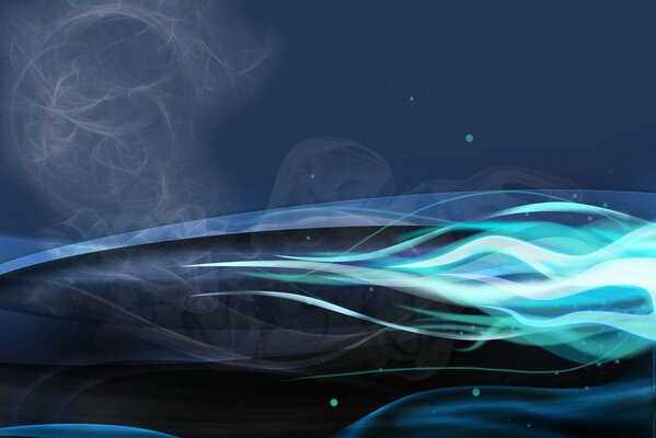 Abstraktion mit glatten Linien, blauem Feuer und Rauch