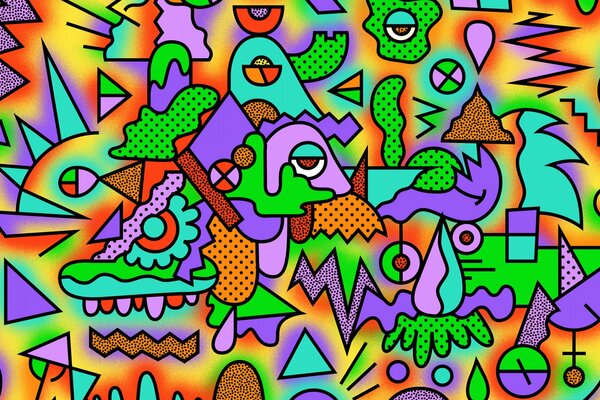 Abstract bright multicolored geometric and whimsical shapes