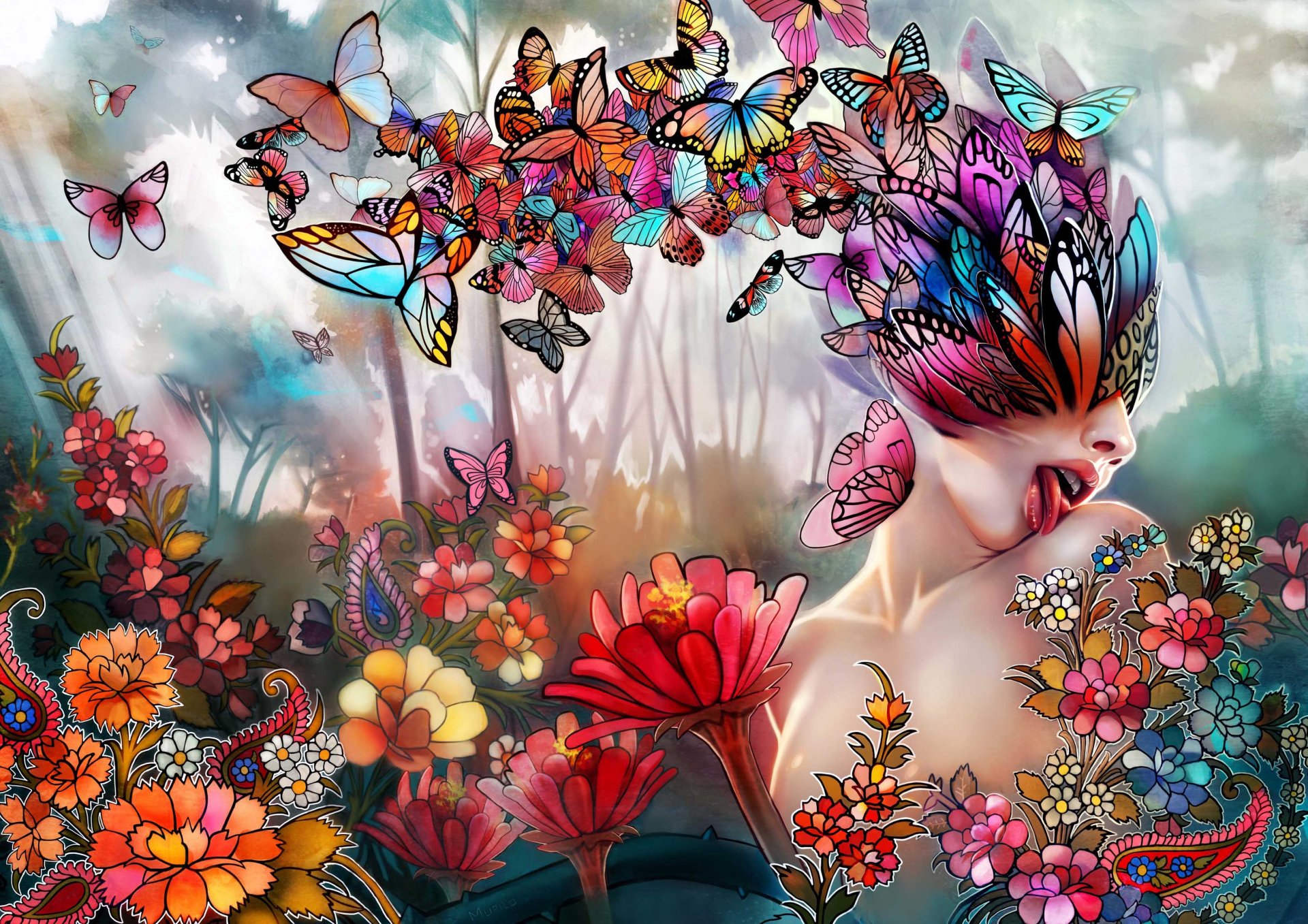 art fleurs papillons fille langue collage