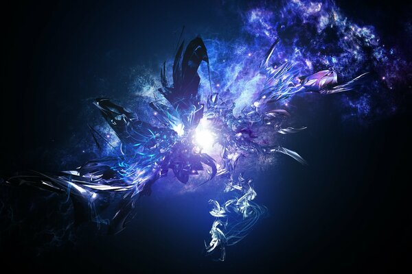 Загадочный физический процесс представляющий собой вспышку энергии в белых синих, фиолетовых тонах на тёмно-синем фоне