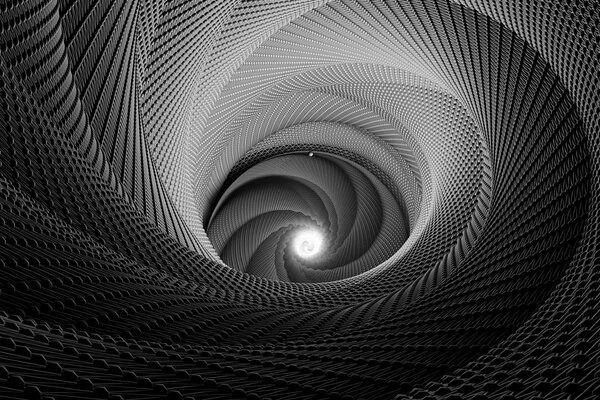 Abstracción en blanco y negro en forma de embudo con luz al final