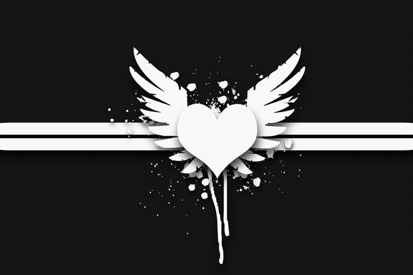 Coeur blanc avec des ailes et des motifs sur fond noir