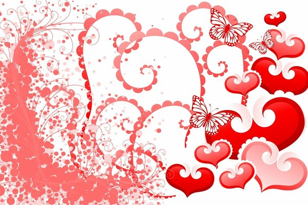 Red and pink patterns in the form of butterflies and hearts