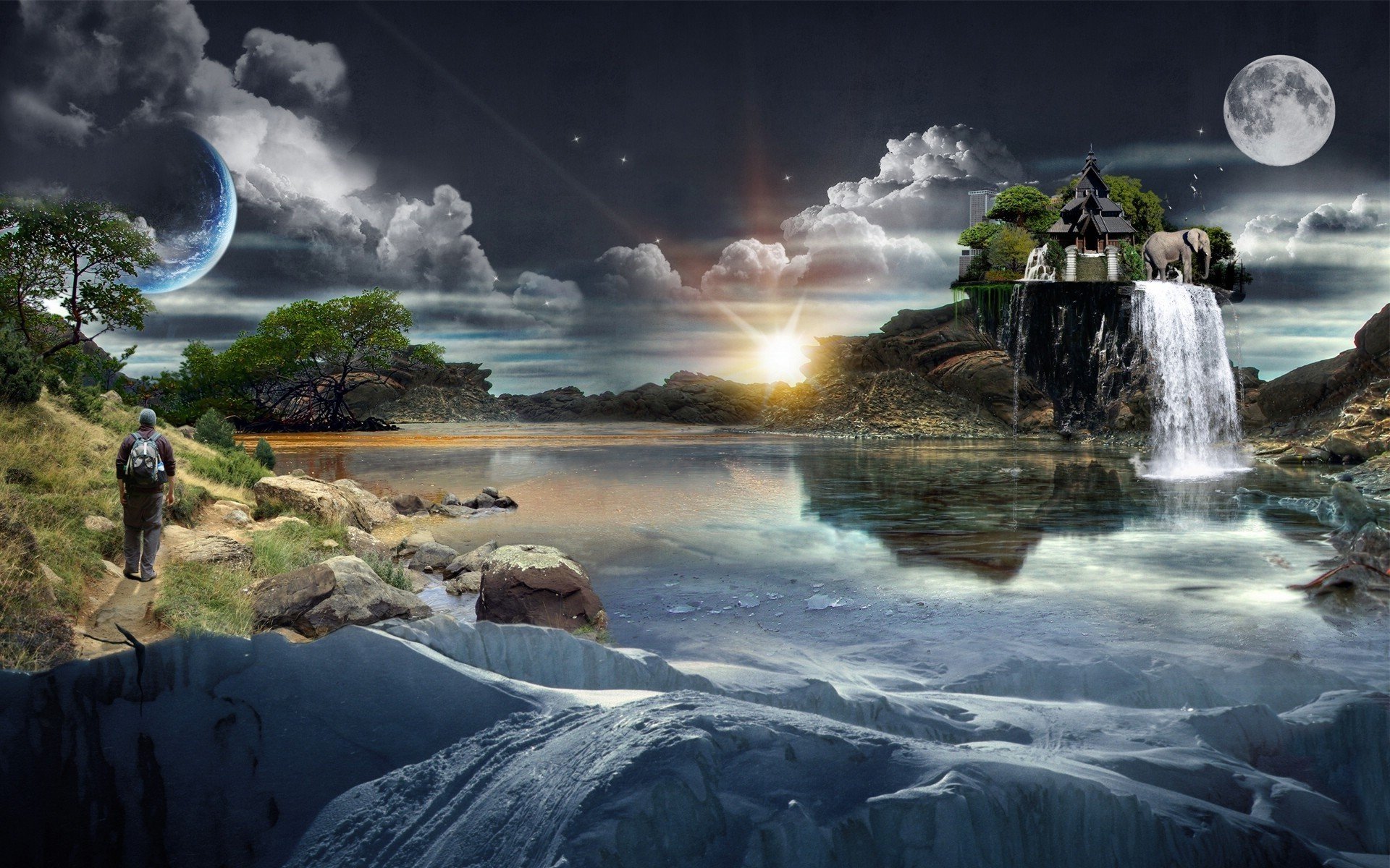 wasser fluss insel haus wasserfall mann elefant firmament mond planet himmel wolken bäume reflexion