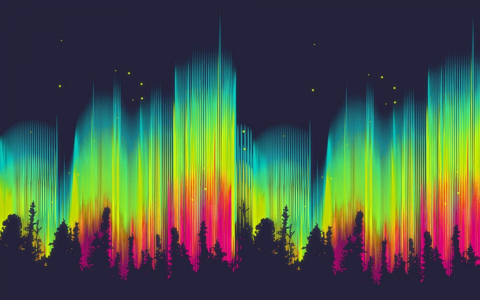 astrazione luminoso colori aurora boreale foresta stelle grafica sfondo carta da parati