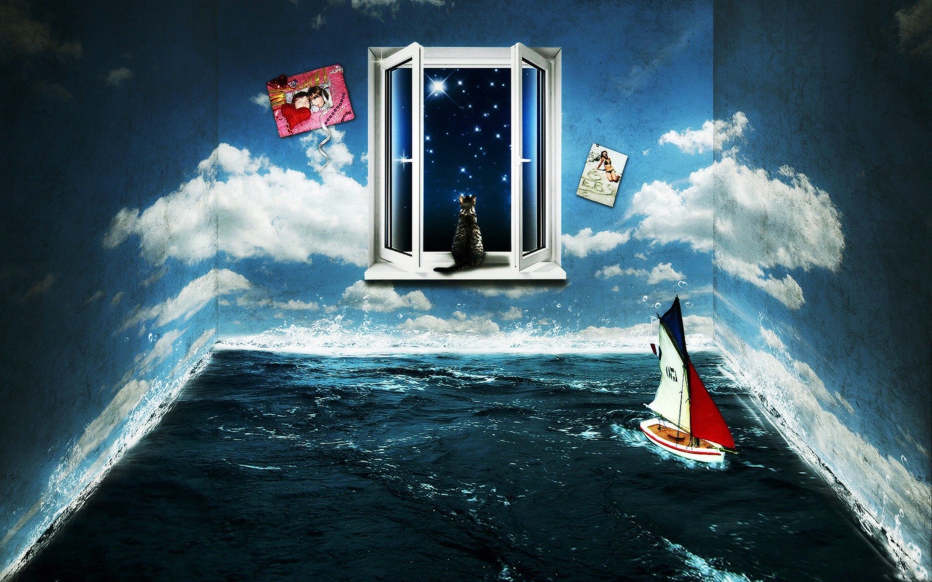 zimmer fenster wasser meer wände himmel wolken katze yacht nacht