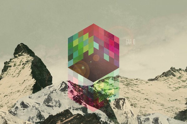 Collage of mountains and a cube
