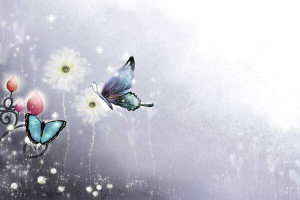 Papillons turquoise sur des fleurs blanches et des boucles