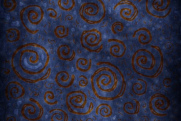 Braune Spiralen unterschiedlicher Größe auf blauem Hintergrund