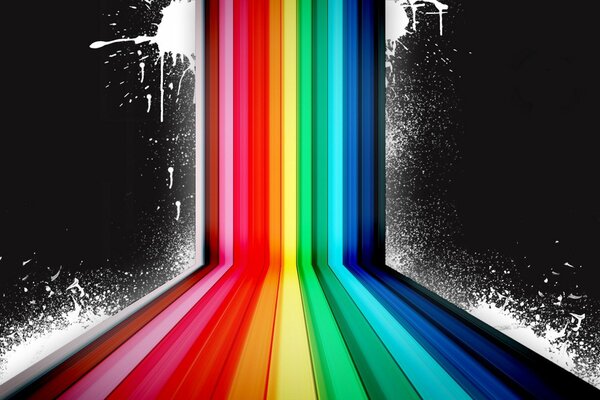 Bright rainbow stripes among black and white windows