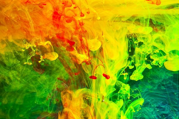 Green, yellow, blue, orange smoke