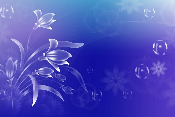 Flores y burbujas sobre un fondo azul