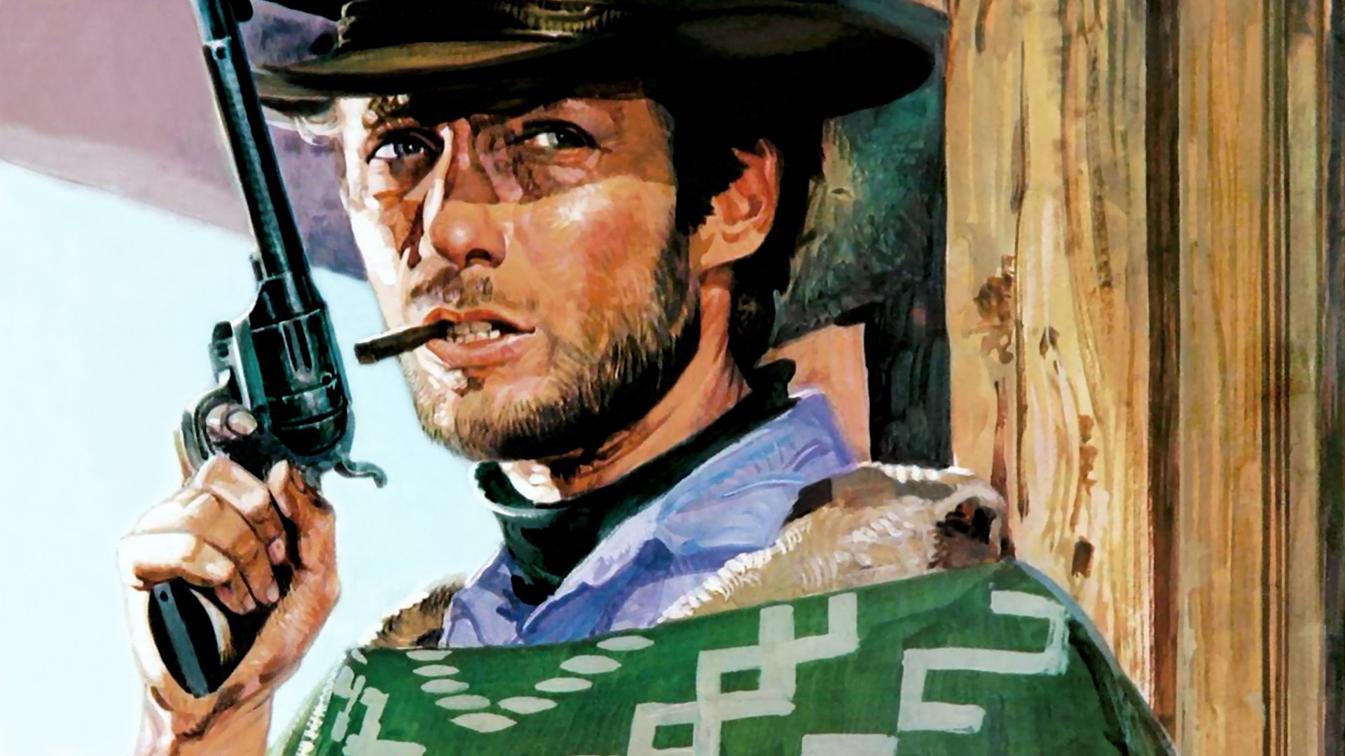 art peinture dessin crayon aquarelle pour une poignée de dollars 1964 clint eastwood chapeau pancho pistolet cigare homme sans nom tire sans manquer far west western western papier peint